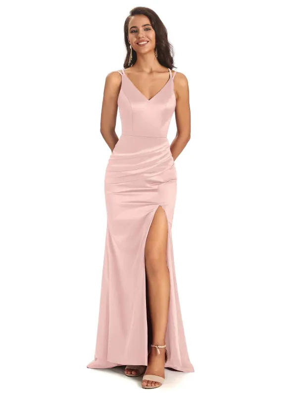 Sexy Criss Cross V-neck Soft Satin Maxi Mermaid Party Prom Dresses Sale With Slit sold by ChicSew