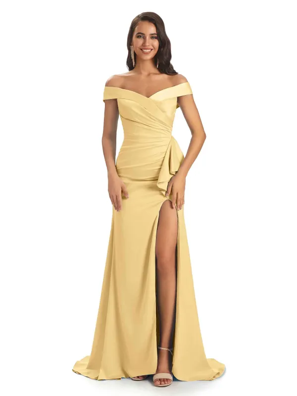 Sexy Satin Side Slit Off The Shoulder Long Graduation Prom Dresses With Slit Sale sold by ChicSew