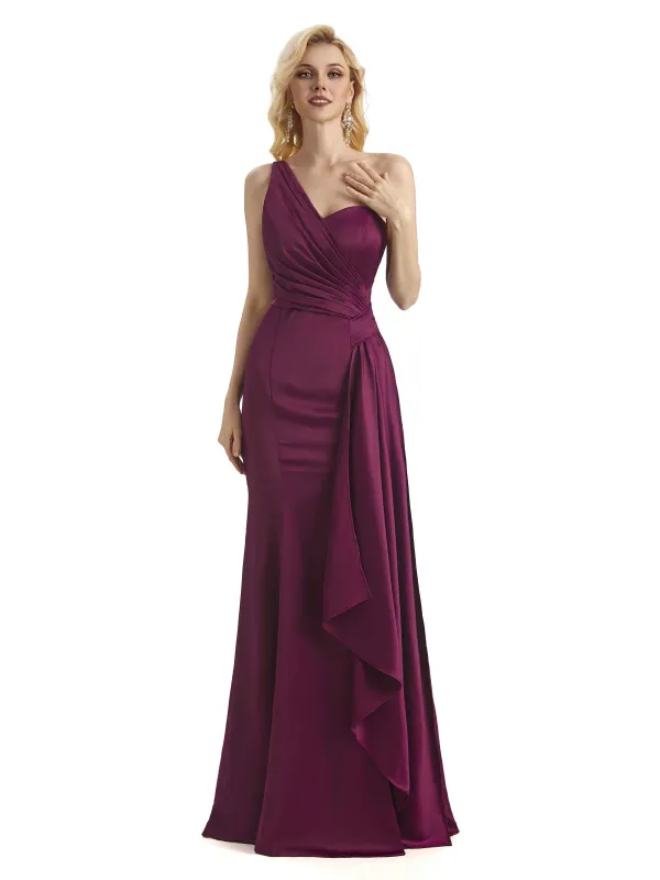 Elegant One Shoulder Soft Satin Long Mermaid Satin Dress For Women With Waist Drape sold by ChicSew