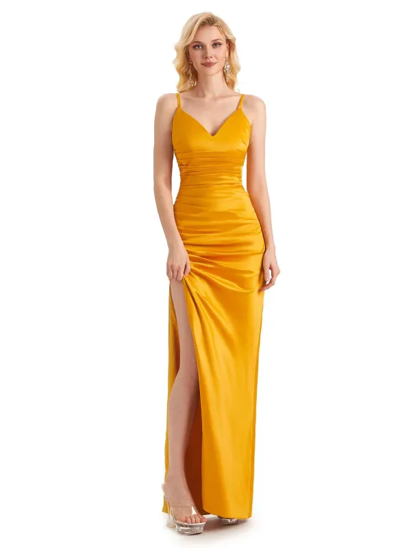 Sexy Spaghetti Straps Side Slit Soft Satin Long Wedding Guest Dresses sold by ChicSew