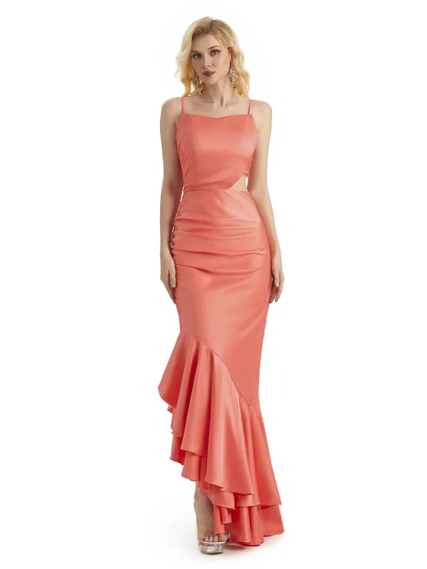 Sexy Spaghetti Straps Mermaid Soft Satin Asymmetrical Mermaid Bridesmaid Dresses sold by ChicSew