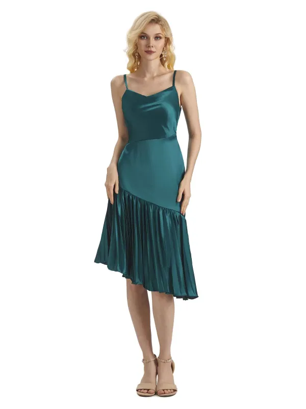 Unique Soft Satin Spaghetti Straps Short Midi Asymmetrical Bridesmaid Dresses Online sold by ChicSew