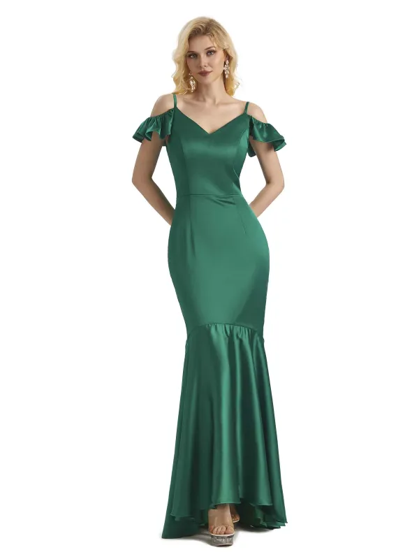 Sexy Soft Satin Cold Shoulder High Low Mermaid Mermaid Bridesmaid Dresses sold by ChicSew