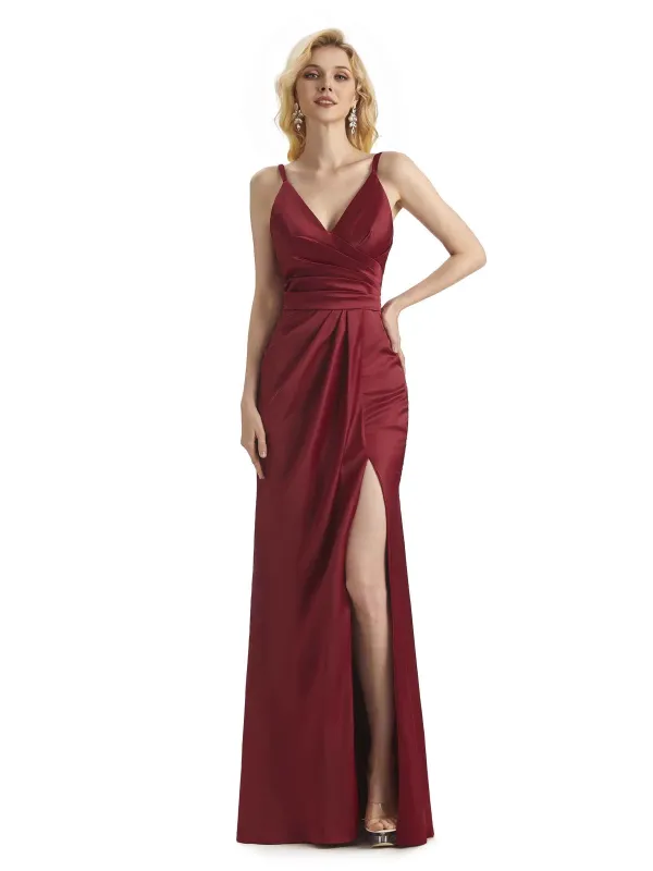 Sexy Silky Spaghetti Straps Side Slit Satin Long Wedding Guest Dresses Online sold by ChicSew