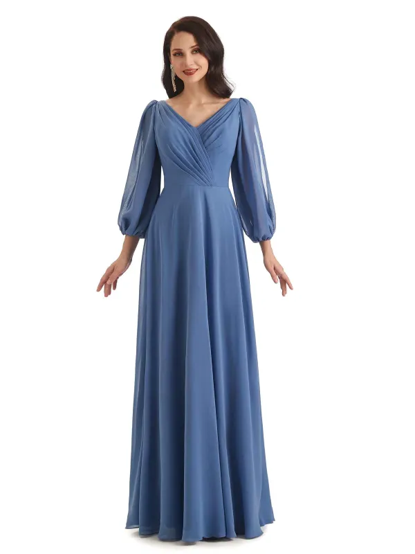 Elegant A-line Chiffon Long Sleeves V-neck Mother of The Groom Dresses sold by ChicSew