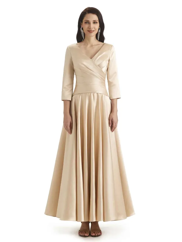 Elegant Soft Satin 3/4 Sleeves V-Neck Ankle Length Mother of The Bride Dresses sold by ChicSew