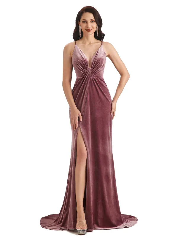 Sexy Mermaid Spaghetti Straps Backless Velvet Side Slit Long Bridesmaid Dresses sold by ChicSew