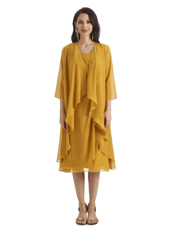 Elegant A-line Chiffon Tea Length Short Mother of The Bride Dresses With Jacket sold by ChicSew
