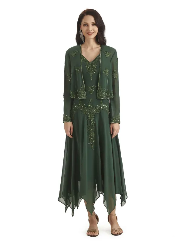 Elegant A-line Chiffon Tea Length Short Groom of The Bride Dresses With Jacket sold by ChicSew