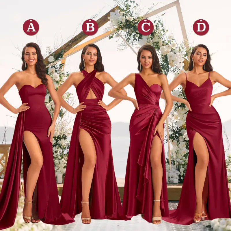 Burgundy Sexy Side Slit Silky Mismatched Soft Satin Mermaid Long Bridesmaid Dresses Online sold by ChicSew