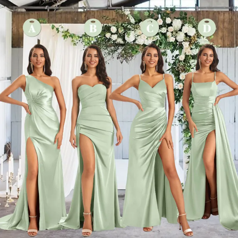 Mismatched Sage Sexy Side Slit Mermaid Soft Satin Long Bridesmaid Dresses Online sold by ChicSew