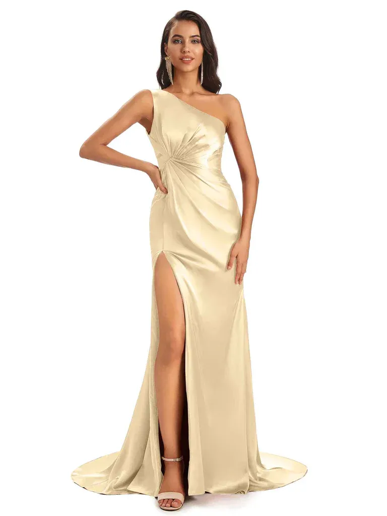 Mismatched Champagne Sexy Side Slit Mermaid Soft Satin Long Bridesmaid Dresses Online sold by ChicSew product image thumbnail 2