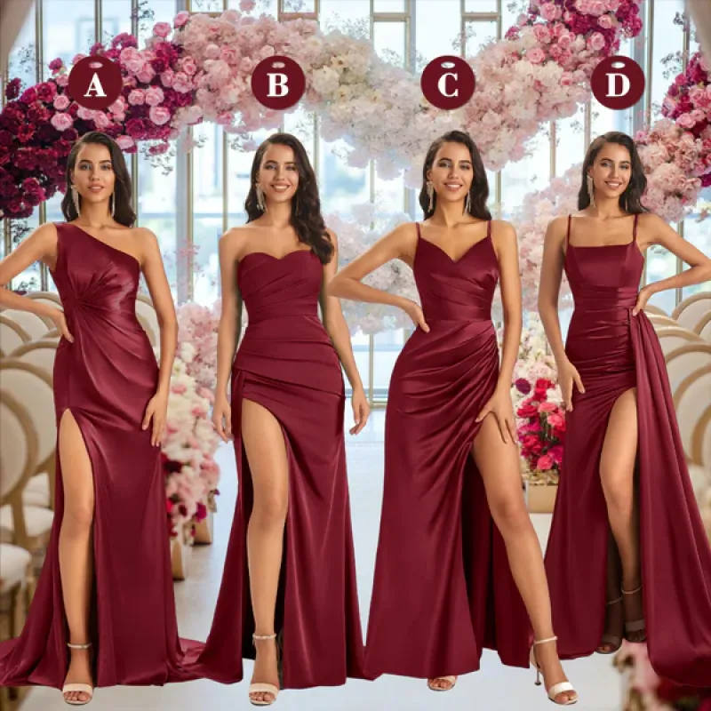 Mismatched Burgundy Sexy Mermaid Soft Satin Long Bridesmaid Dresses Online sold by ChicSew