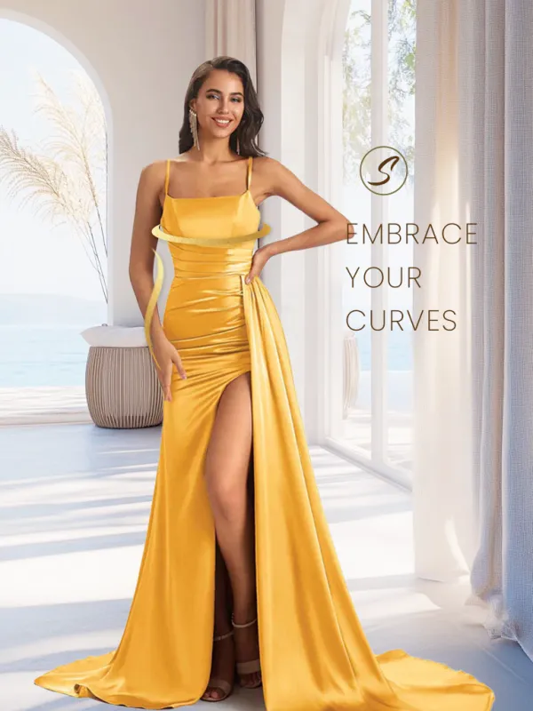 Sexy Soft Satin Side Slit Spaghetti Straps Long Mermaid Bridesmaid Dresses Online sold by ChicSew