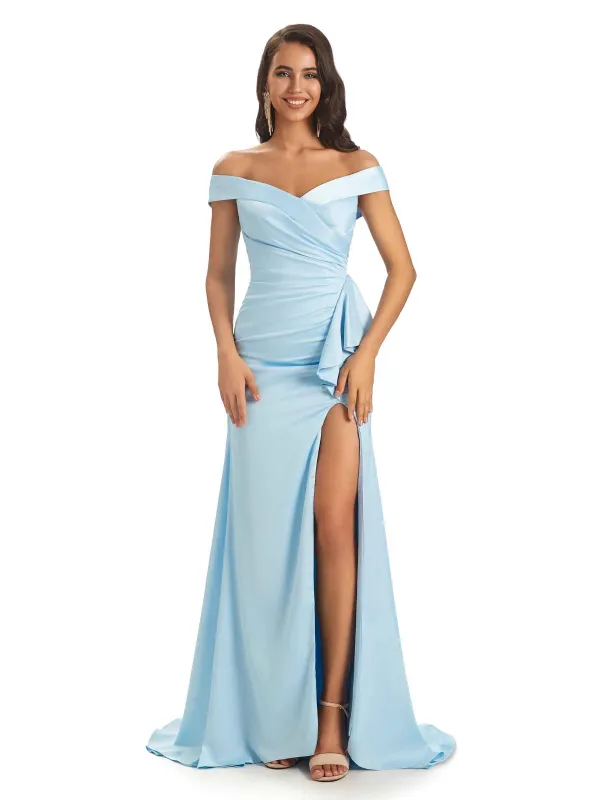 Sexy Soft Satin Side Slit Off The Shoulder Maxi Long Mermaid Bridesmaid Dresses sold by ChicSew