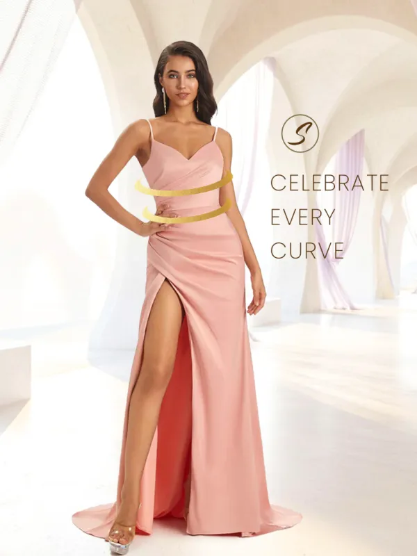 Sexy Spaghetti Straps Mermaid Soft Satin Side Slit Long Bridesmaid Dresses Online sold by ChicSew