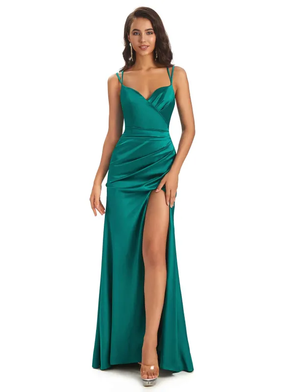 Sexy Soft Satin Side Slit Spaghetti Straps Long Maxi Mermaid Bridesmaid Dresses sold by ChicSew