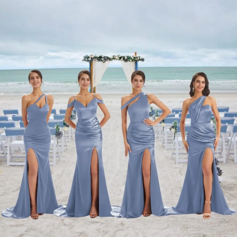 Dusty Blue Sexy Chic Silky Mismatched Soft Satin Mermaid Long Bridesmaid Dresses Online sold by ChicSew