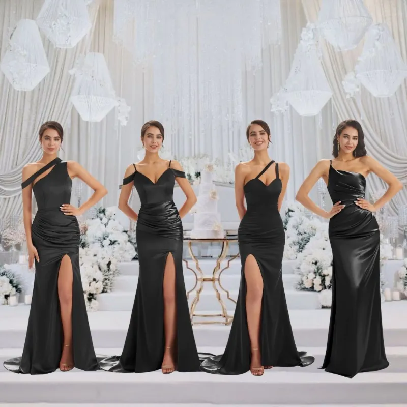 Black Sexy Chic Silky Mismatched Soft Satin Mermaid Long Bridesmaid Dresses Online sold by ChicSew