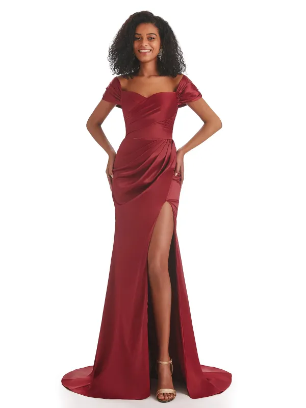 Elegant Off The Shoulder Mermaid Side Slit Soft Satin Long African Bridesmaid Dresses sold by ChicSew