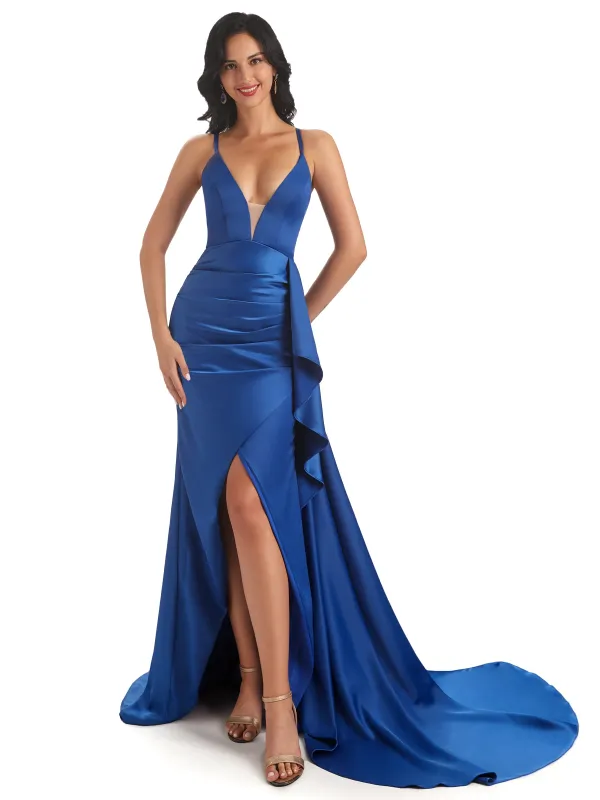 Sexy Spaghetti Straps Soft Satin Side Slit Pleats Unique Mermaid Bridesmaid Dresses sold by ChicSew