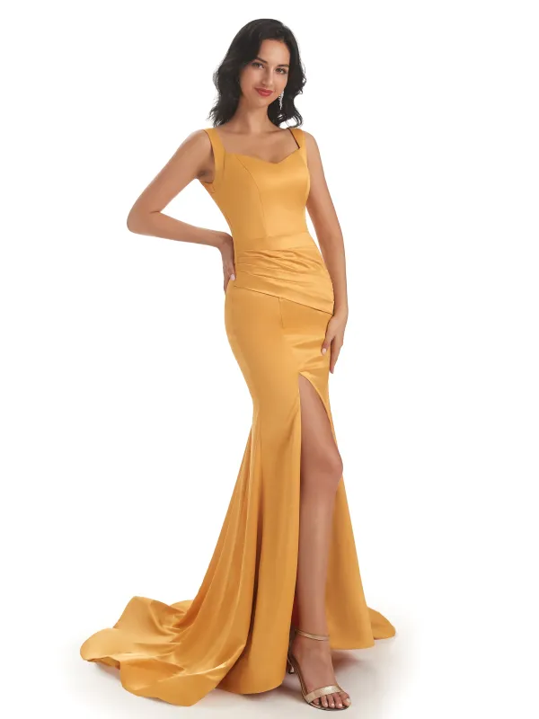 Sexy Soft Satin Side Slit Squre Straps Long Mermaid Bridesmaid Dresses Online sold by ChicSew