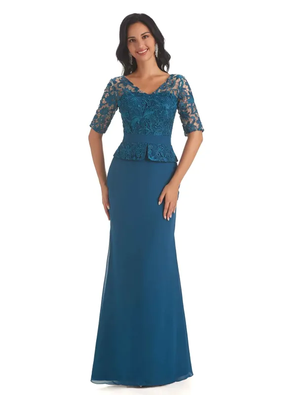 Elegant V-neck Mermaid Short Sleeves Lace Chiffon Mother of The Bride Dresses sold by ChicSew