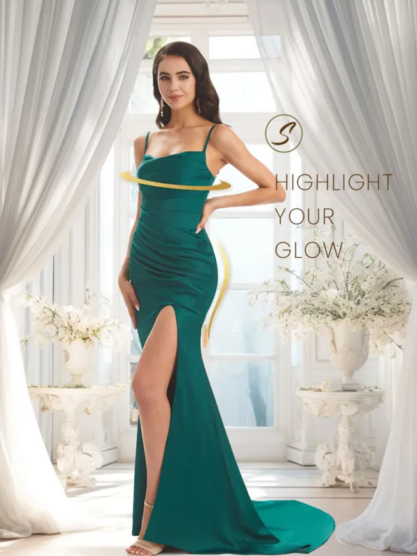 Sexy Mermaid Soft Satin Spaghetti Straps Side Slit Bridesmaid Dresses Online sold by ChicSew