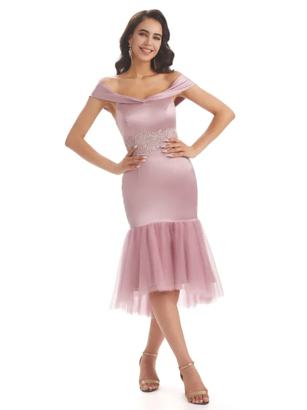 Sexy Soft Satin Off The Shoulder High Low Midi Short Mermaid Bridesmaid Dresses sold by ChicSew