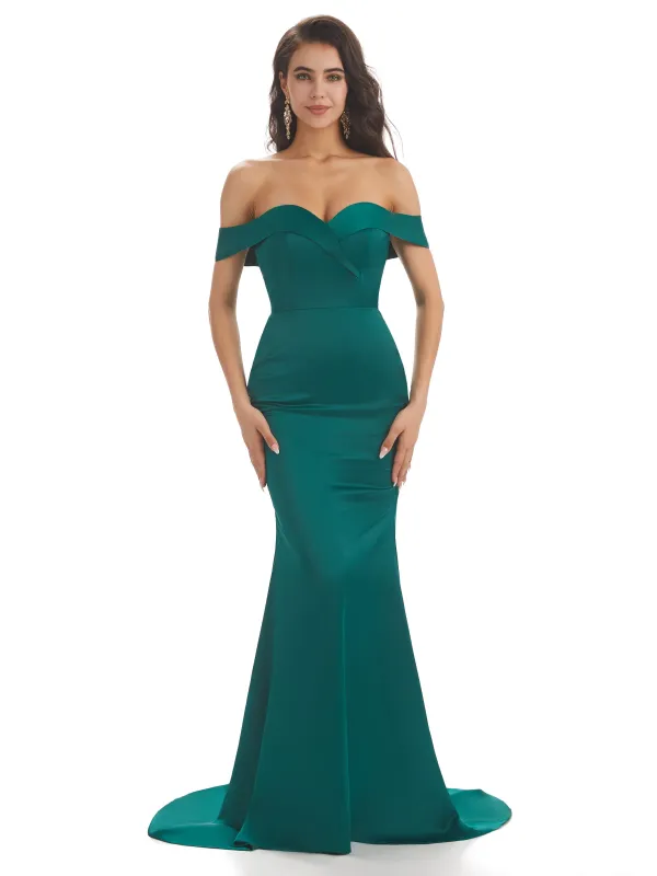 Simple Off The Shoulder Soft Satin Long Mermaid Bridesmaid Dresses Online sold by ChicSew