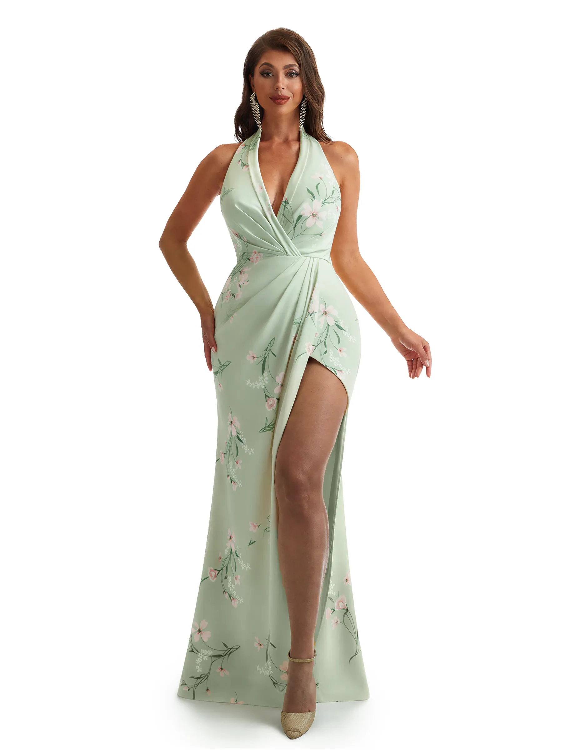 Simple Halter Side Slit Mermaid Floral Satin Maxi Floral Formal Dresses For Women sold by ChicSew