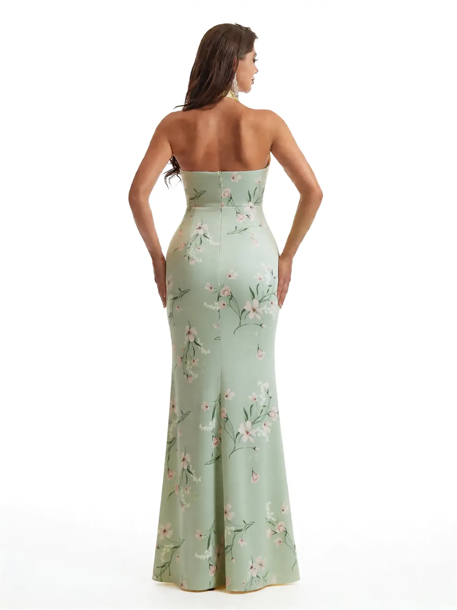 Simple Halter Side Slit Mermaid Floral Satin Maxi Floral Formal Dresses For Women sold by ChicSew product image thumbnail 2