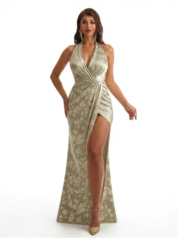 Simple Halter Side Slit Mermaid Floral Satin Maxi Floral Formal Dresses For Women sold by ChicSew
