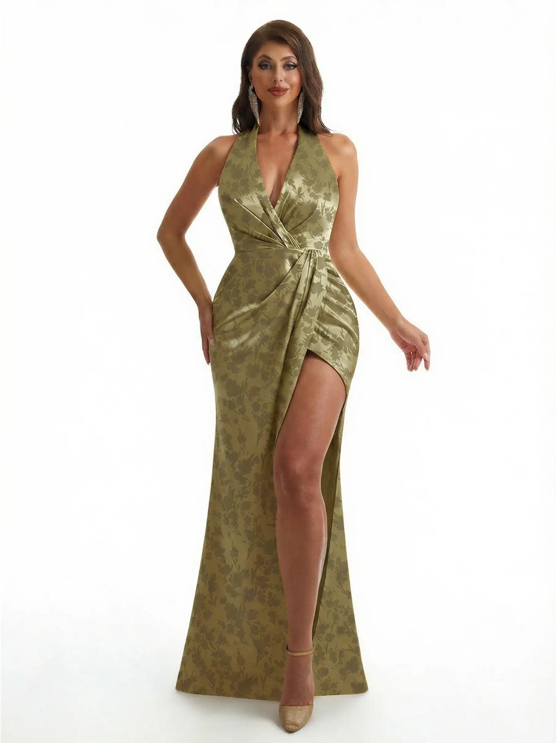 Simple Halter Side Slit Mermaid Floral Satin Maxi Floral Formal Dresses For Women sold by ChicSew