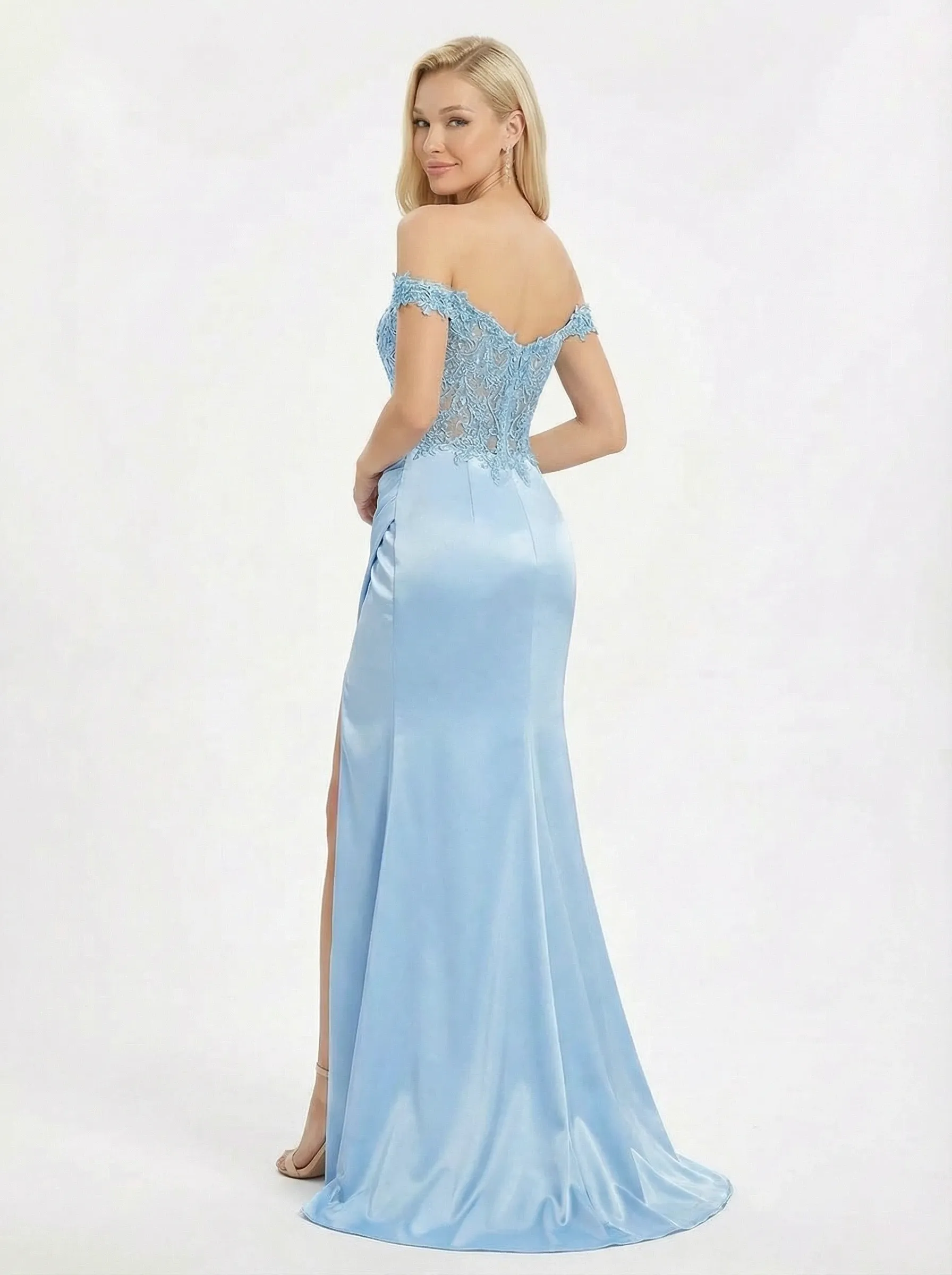 ChicSew Elegant Lace Off Shoulder Side Slit Formal Gown Ruched Satin Prom Dress sold by ChicSew product image thumbnail 3