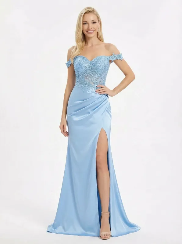 ChicSew Elegant Lace Off Shoulder Side Slit Formal Gown Ruched Satin Prom Dress sold by ChicSew