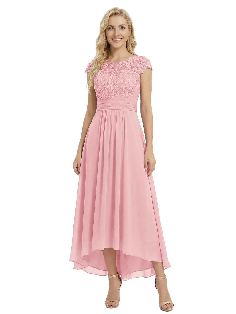 Beautiful Lace Cap Sleeves High Low Chiffon Flowy Mother of the Groom and Bride Gown sold by ChicSew product image thumbnail 5