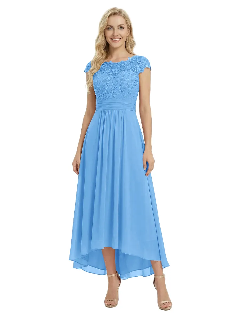 Beautiful Lace Cap Sleeves High Low Chiffon Flowy Mother of the Groom and Bride Gown sold by ChicSew product image thumbnail 4