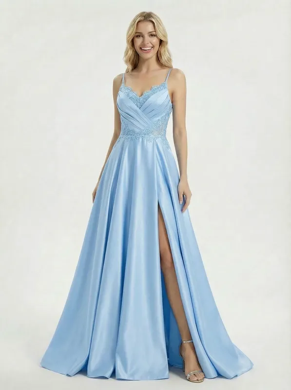 Modern V Neck A-line Cut Out Long Lace Satin Party Prom Dress sold by ChicSew