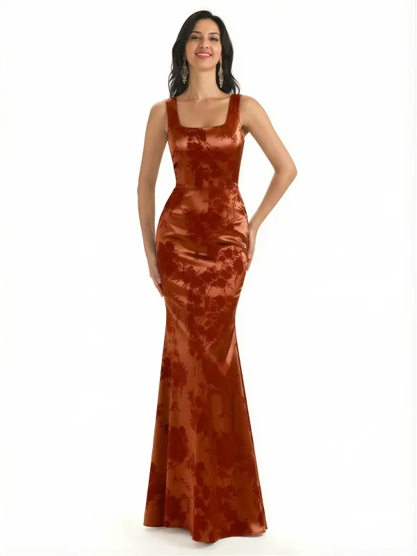 Elegant Spaghetti Straps Square Mermaid Long Satin Floral Formal Evening Dresses For Ladies sold by ChicSew