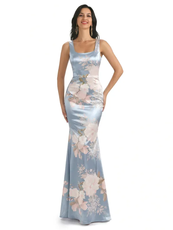 Elegant Spaghetti Straps Square Mermaid Long Satin Floral Formal Evening Dresses For Ladies sold by ChicSew