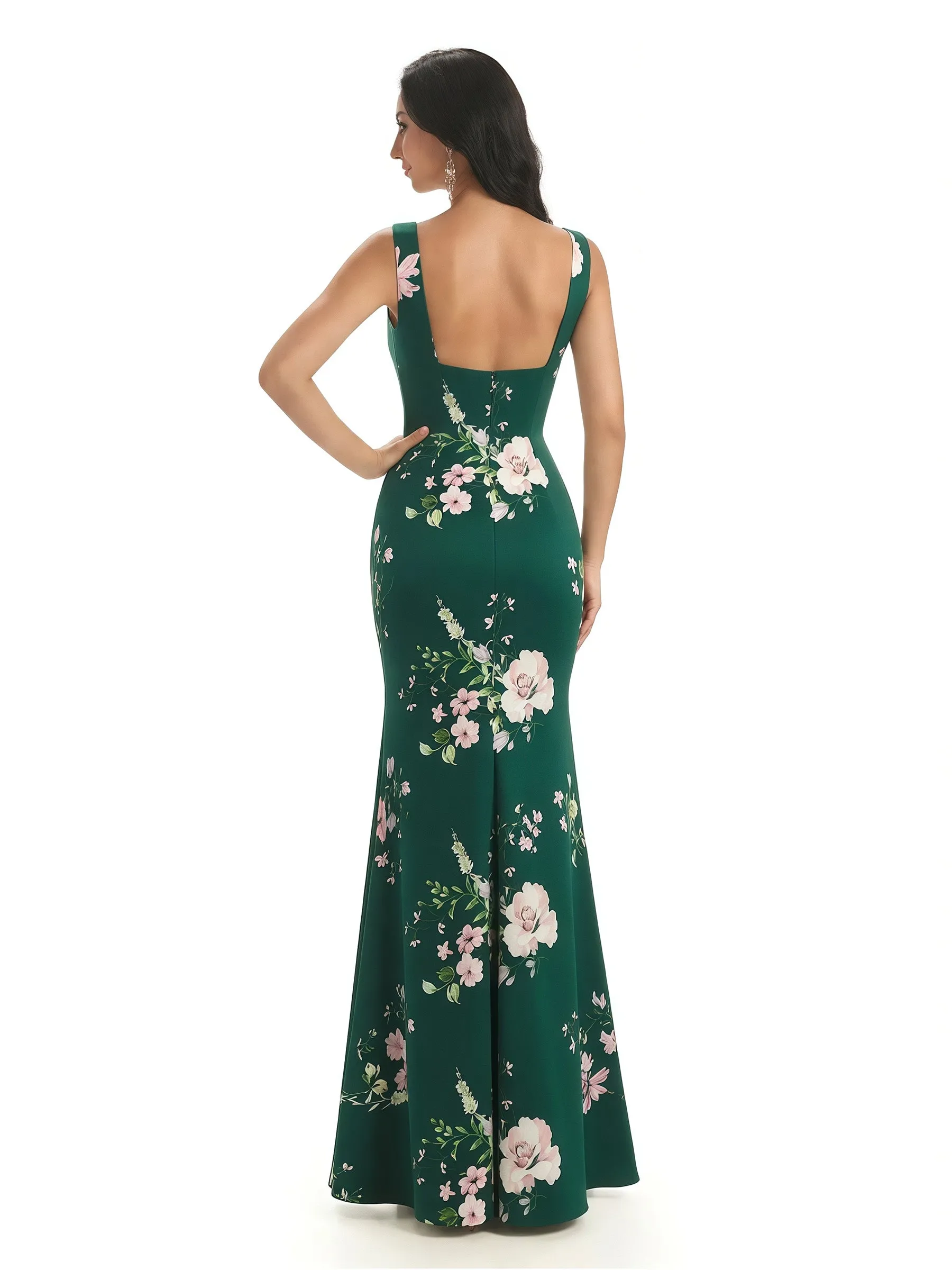 Elegant Spaghetti Straps Square Mermaid Long Satin Floral Formal Evening Dresses For Ladies sold by ChicSew product image thumbnail 2