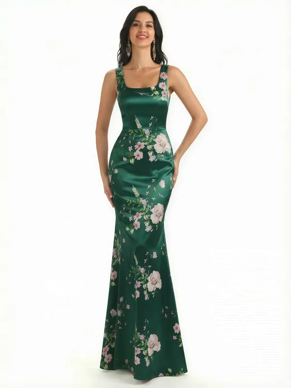 Elegant Spaghetti Straps Square Mermaid Long Satin Floral Formal Evening Dresses For Ladies sold by ChicSew
