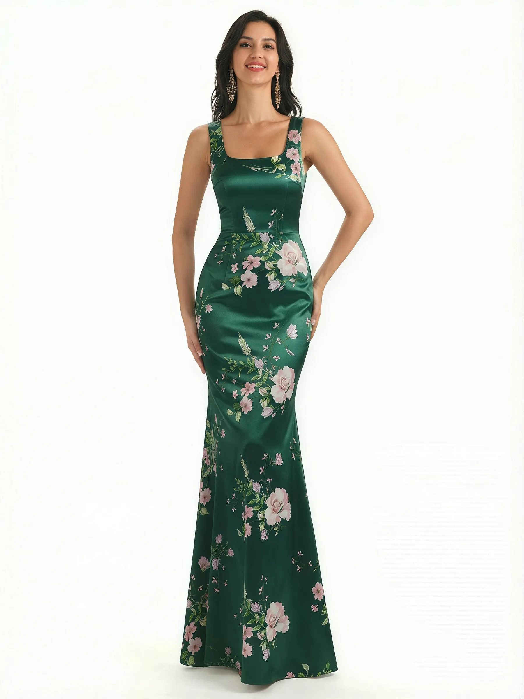 Elegant Spaghetti Straps Square Mermaid Long Satin Floral Formal Evening Dresses For Ladies sold by ChicSew