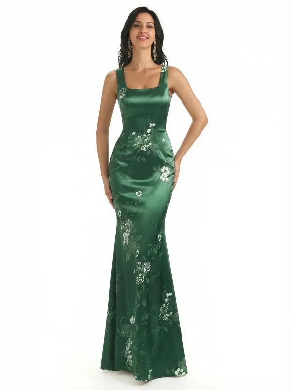 Elegant Spaghetti Straps Square Mermaid Long Satin Floral Formal Evening Dresses For Ladies sold by ChicSew