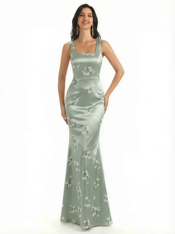 Elegant Spaghetti Straps Square Mermaid Long Satin Floral Formal Evening Dresses For Ladies sold by ChicSew