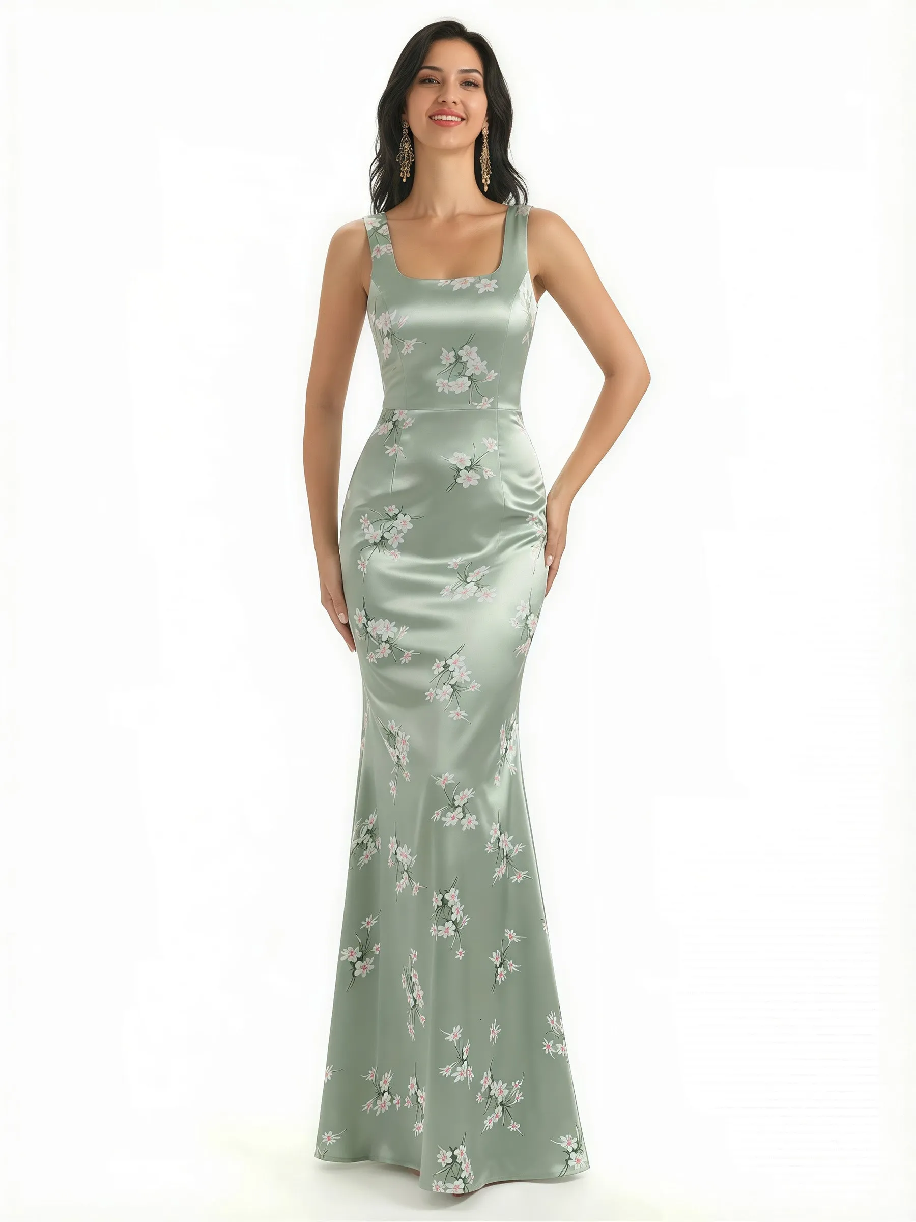Elegant Spaghetti Straps Square Mermaid Long Satin Floral Formal Evening Dresses For Ladies sold by ChicSew