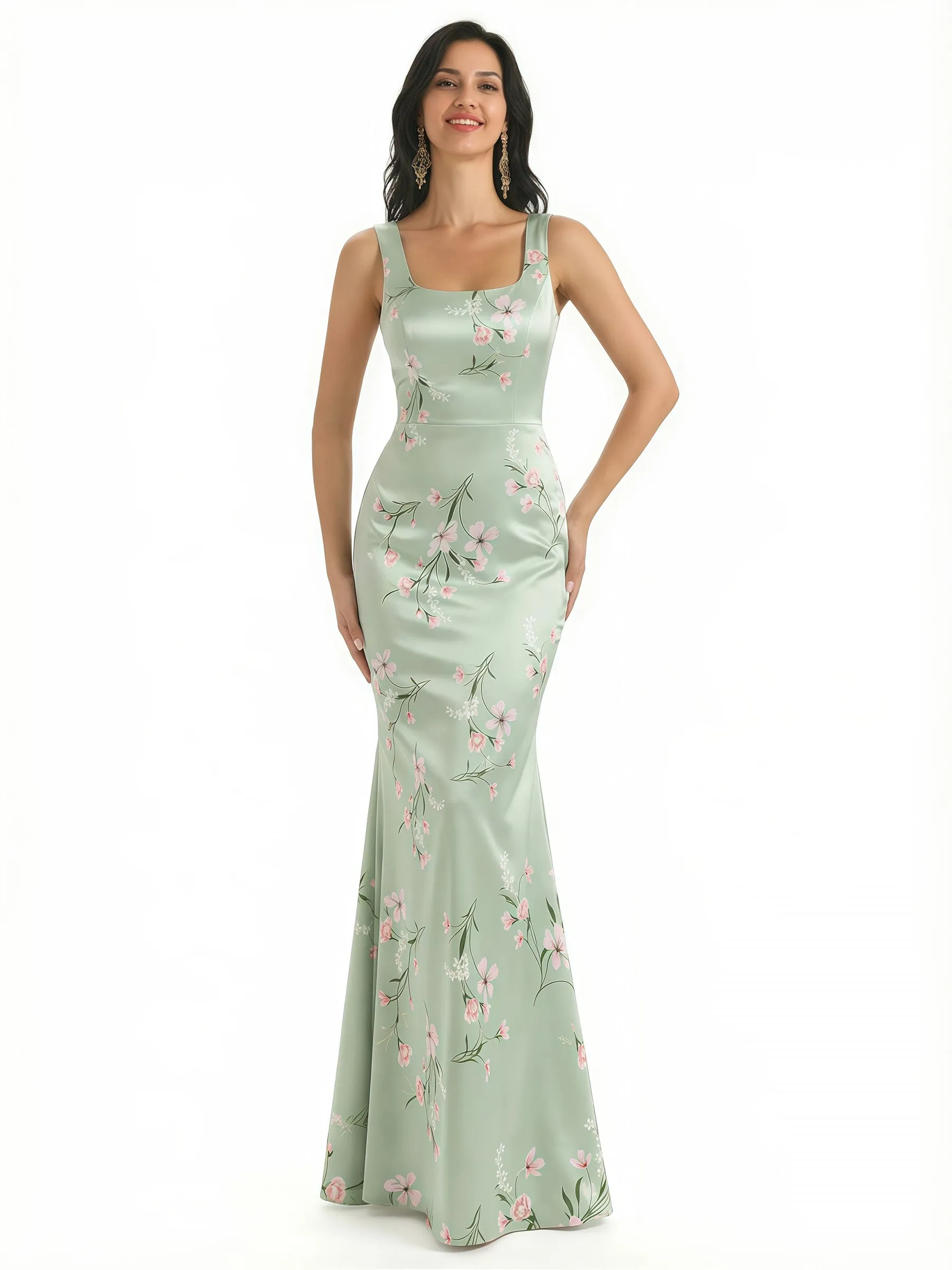 Elegant Spaghetti Straps Square Mermaid Long Satin Floral Formal Evening Dresses For Ladies sold by ChicSew