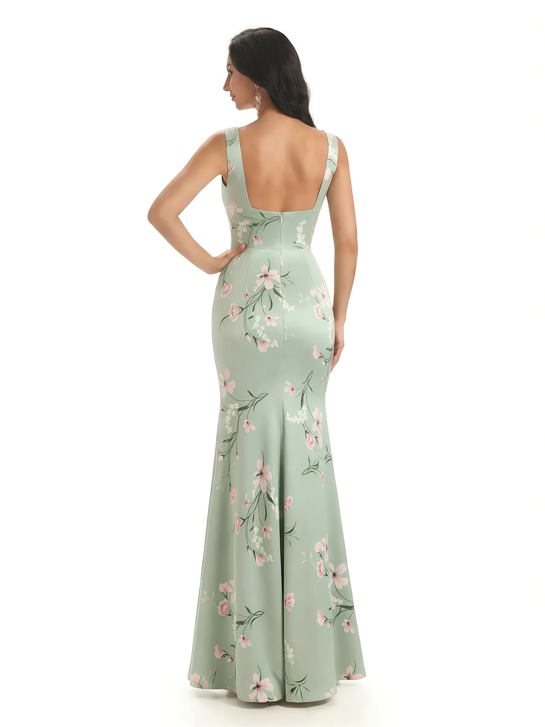 Elegant Spaghetti Straps Square Mermaid Long Satin Floral Formal Evening Dresses For Ladies sold by ChicSew product image thumbnail 2