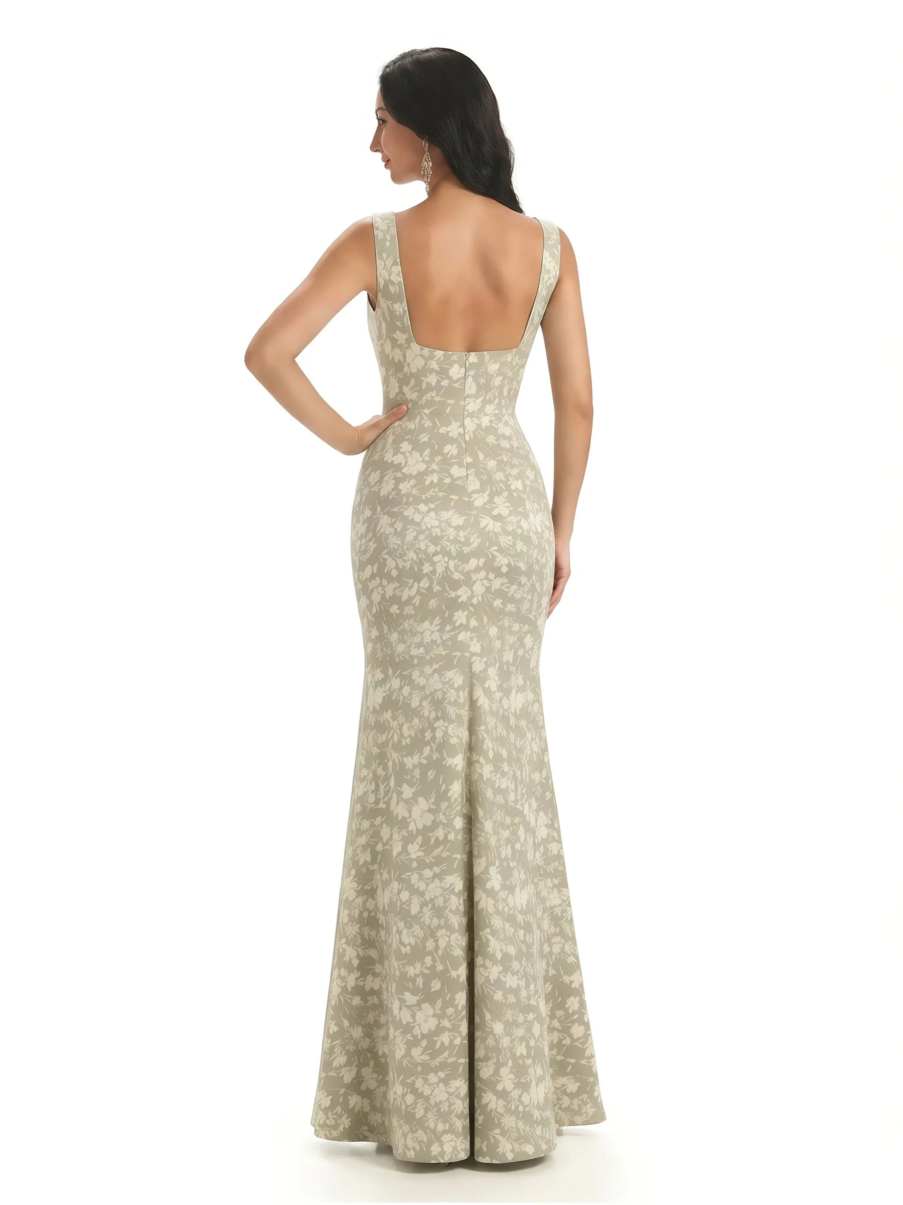 Elegant Spaghetti Straps Square Mermaid Long Satin Floral Formal Evening Dresses For Ladies sold by ChicSew product image thumbnail 2